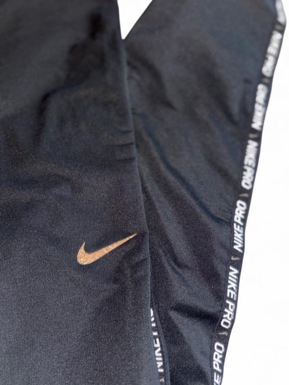 Women's Black Nike Pro Dri Fit Leggings with Gold Logo